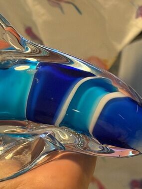 Dolphin Blue White Striped Glass Sculpture - Decorative Accent